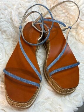 Jimmy Choo Blue Denim Tie-Strap Wedge Sandals